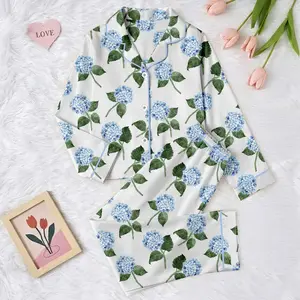Blue Hydrangea Satin Pajamas Set, Watercolor Floral Pjs Silky Sleepwear Luxury Flower Loungewear Cute Matching Pajama Set Gift