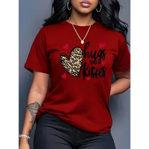 Leopard Print Big Heart Red Small Heart Letter Print Casual Round Neck Short Sleeve T-Shirt Top