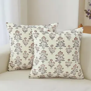 Khaki Block Print Pillow Set of 2, Vintage Floral Spring Decorative Throw Pillows Case Boho Cushion Covers Rustic Farmhouse Home Decor for Sofa Couch Bed Living Room