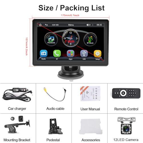 7 Inch Protable Carplay Car Screen, Wireless Android Auto Dash Mount, Car GPS Navigation System with Mirror Link/Bluetooth/FM Transmitter/USB + 12LED Backup Camera