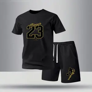 2026 Men's Summer Sportswear Set - Vintage 23 Number & Basketball Silhouette Print, Crew Neck Tee & Drawstring Shorts, Soft Knit Material, Regular Fit, Suitable for Workout, Camping, Commuting, Outdoor Activities
