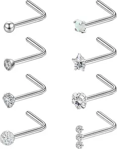 8Pcs Hypoallergenic Nose Rings 20G Titanium Nose Rings Studs L Shaped Nose Studs Rings Cubic Zirconia Opal Heart Ball Labret Lip Nose Piercing Jewelry for Women Men