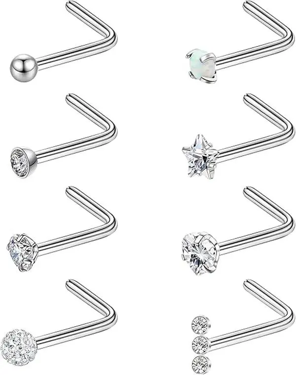 8Pcs Hypoallergenic Nose Rings 20G Titanium Nose Rings Studs L Shaped Nose Studs Rings Cubic Zirconia Opal Heart Ball Labret Lip Nose Piercing Jewelry for Women Men
