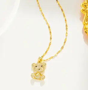Icy Gold Teddy Bear Necklace Titanium Steel Bear Pendant Necklace for Women Trendy Cute Hip Hop Inspired Jewelry Statement Layering Chain Gift for Birthdays Holidays and Everyday Wear