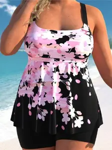 Plus Size Costume da Bagno Donna Due Pezzi, Tankini da donna Set 2 pezzi Costume da bagno con stampa floreale con cinturino regolabile Tankini Top con Boyshorts Costume da bagno taglie forti Classico,High-Stretch Swimwear 2-Piece Set, Women's Plus Size