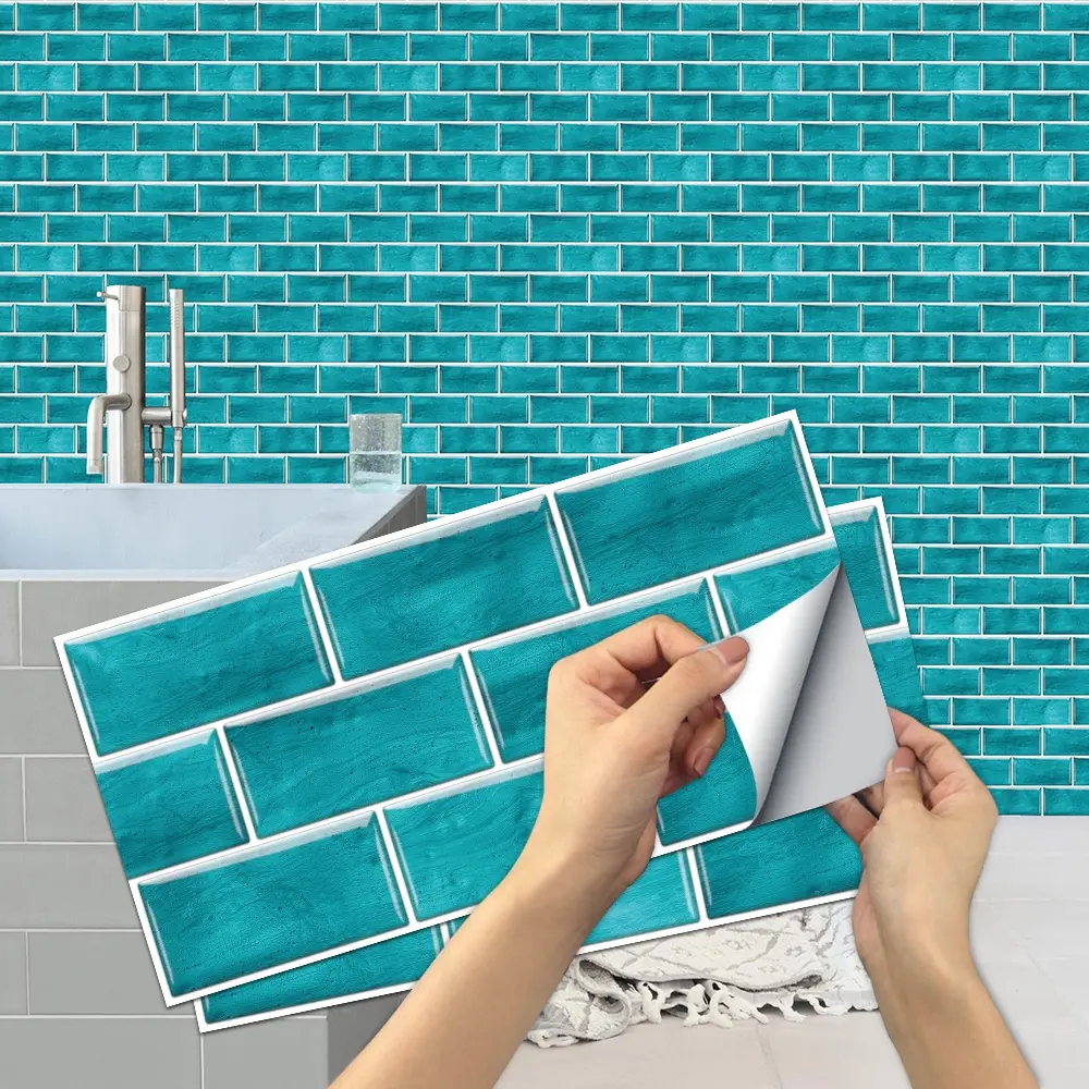 6/12/24/48 Pcs Retro Cyan Glaze Texture Brick Tile Stickers | Thick PVC Crystal Film | Waterproof Oil-Proof for Kitchen Bathroom Floor