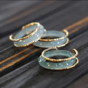 Natural Jadeite A-grade inlaid ring, new style blue water high ice jade ring, tail ring