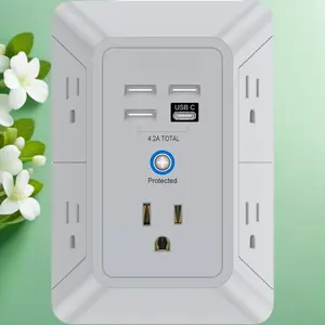 5 Outlet Extender Multi Plug Wall Outlets with 4 USB Charging Ports (1 USB C Outlet), 3 Sided 1680J Surge Protector Power Strip USB Wall Charger for Home, Office, Travel, ETL Listed, White