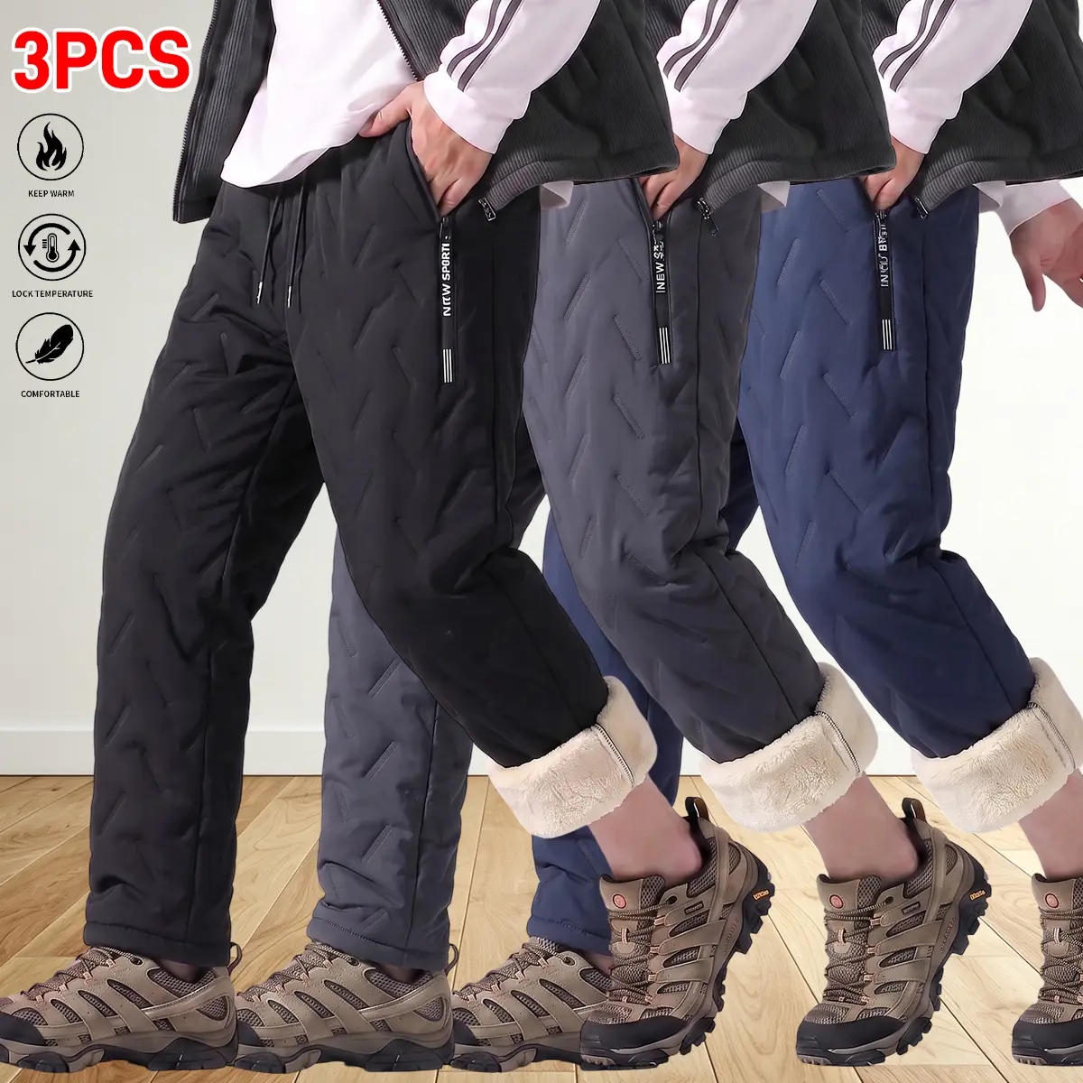 Men's Multi-Size Thick Fleece Quilted Pants - Ultrasonic-Bonded, Classic Cut Straight Leg, Belt Loops, Deep Pockets, Durable Poly Shell, Insulating Cotton Wadding, Ideal for Daily Wear & Coffee Runs