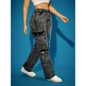 2025 women’s high-waisted stretch cargo jeans, casual solid-color long pants with chain detail and button fly, all-season rayon blend (75% rayon, 23% polyester, 2% spandex), 393 g/m² woven fabric, dark gray denim bottoms