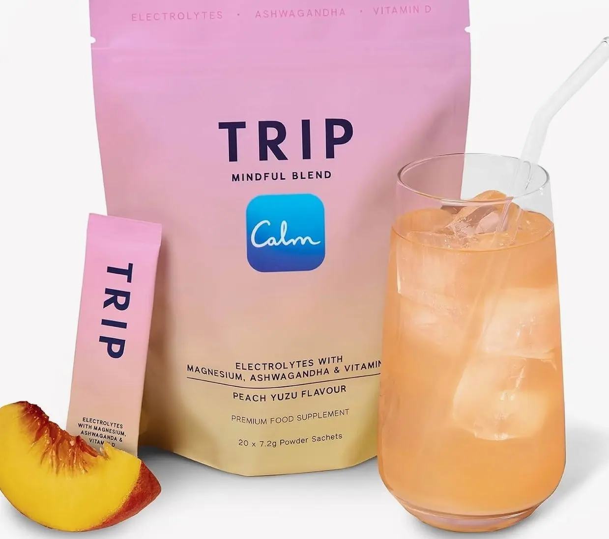 TRIP Electrolytes Powder Packets with Magnesium, Ashwagandha & Vitamin D. Peach Yuzu Daily Hydration Packets, Vegan, Electrolyte Drink Mix, Calming Hydration Powder, 20 Sachets