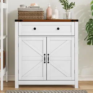 Farmhouse Storage Cabinet with Drawer and Adjustable Shelf, White Kitchen Cabinet with Walnut Countertop, Modern Coffee Bar Console Cabinet for Kitchen, Dining Room, Bathroom, Entryway