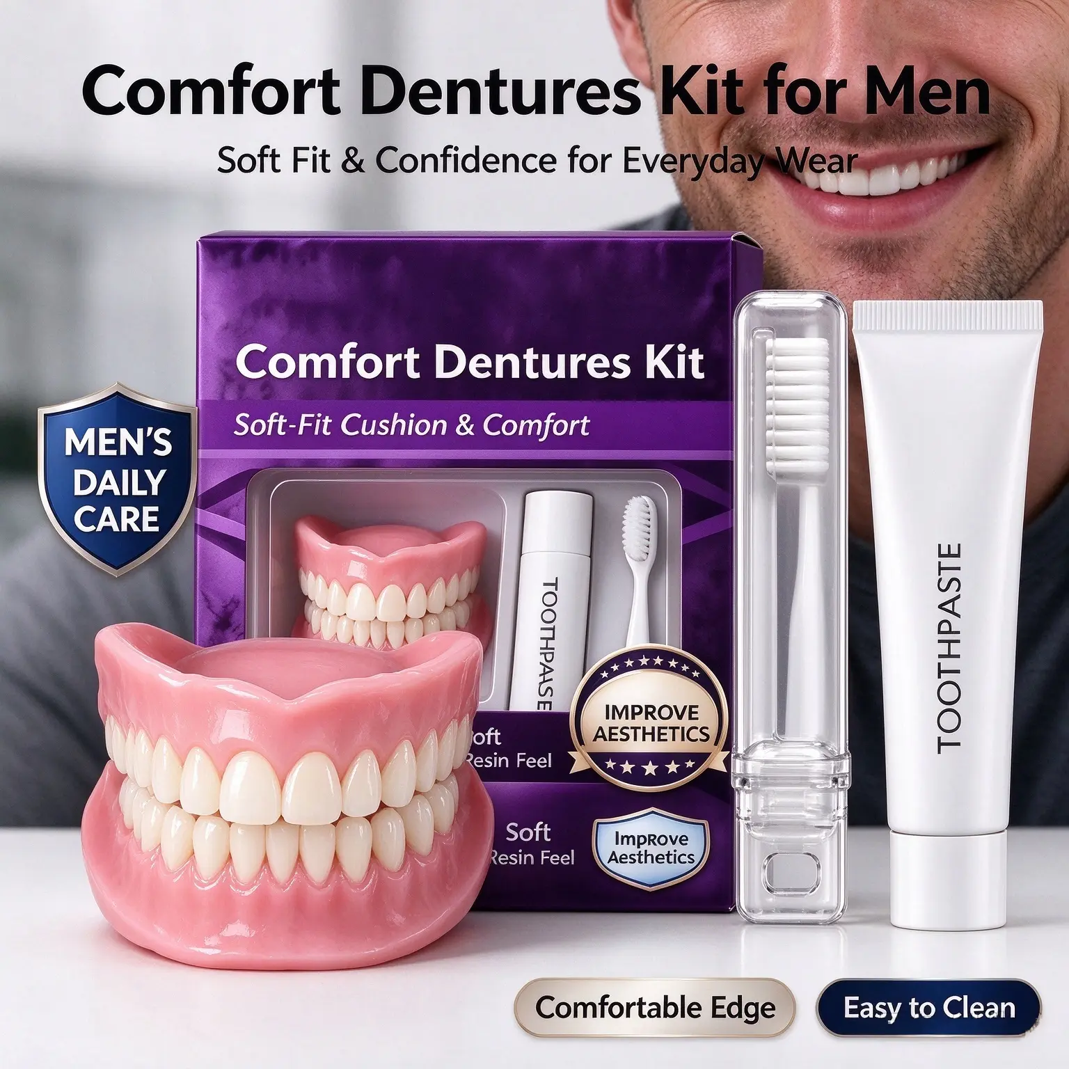 Upper Lower False Teeth Kit, Heat Moldable Material Custom Fit Temporary Denture