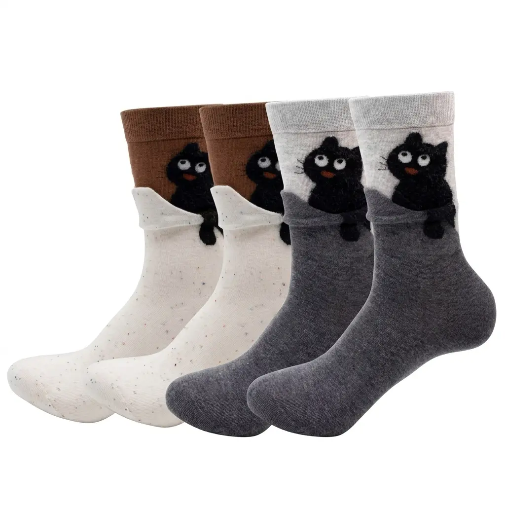 2 Pairs Cute Black Cat Socks Women's 3D Peeking Kitten Crew Socks Funny Kawaii Cotton Socks