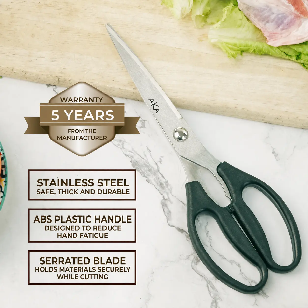 [5-Year Warranty] AKA AKS-003 Stainless Steel Household Scissors – Ultra-Sharp Food Scissors