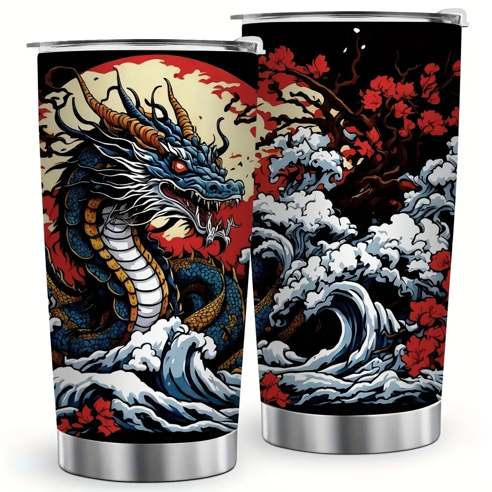 20oz Dragon Year Vacuum Insulated Stainless Steel Travel Tumbler Cup with Lid, Cherry Blossom & Storm Design, Leak-Proof Camp Kitchen Drinkware, Lunar New Year Gift for Hot & Cold Coffee, Insulation, Travel Tumbler Cups & Mugs, Travel Mug