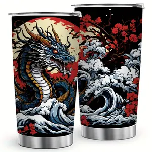 1 Piece of 20 Oz Dragon Themed Stainless Steel Glass Cup-Vacuum Insulation, Leak-Proof Travel Cup, with Cherry Blossom and Storm Design-Suitable for Hot and Cold Drinks, Can Be Washed in Dishwasher-Perfect Chinese New Year Gift, Dragon Coffee Travel Cup