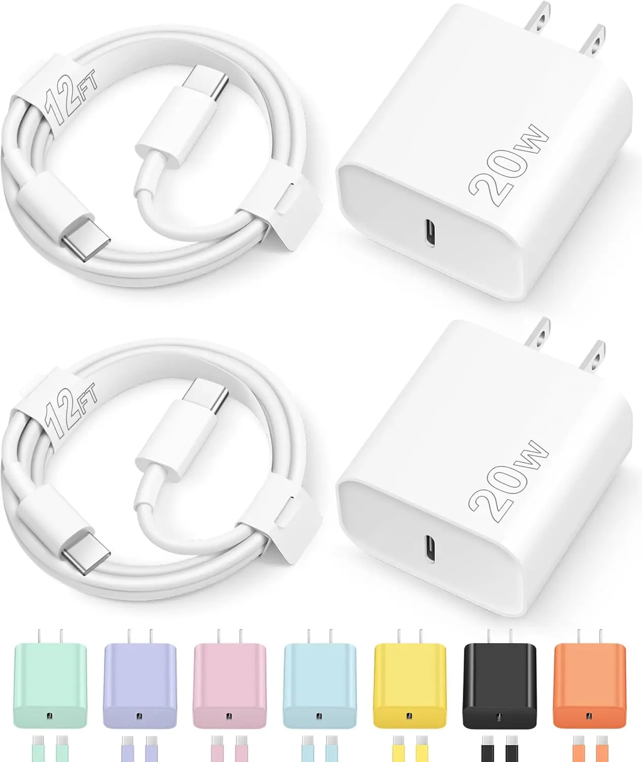 12FT iPhone 17 16 15 Charger Fast Charging Type C Charger USB C Charger for iPhones, iPads,Tablets, Android phones,20W iPhone Charger USB-C Power Adapter,with Extra Long USB-C Charging Cables