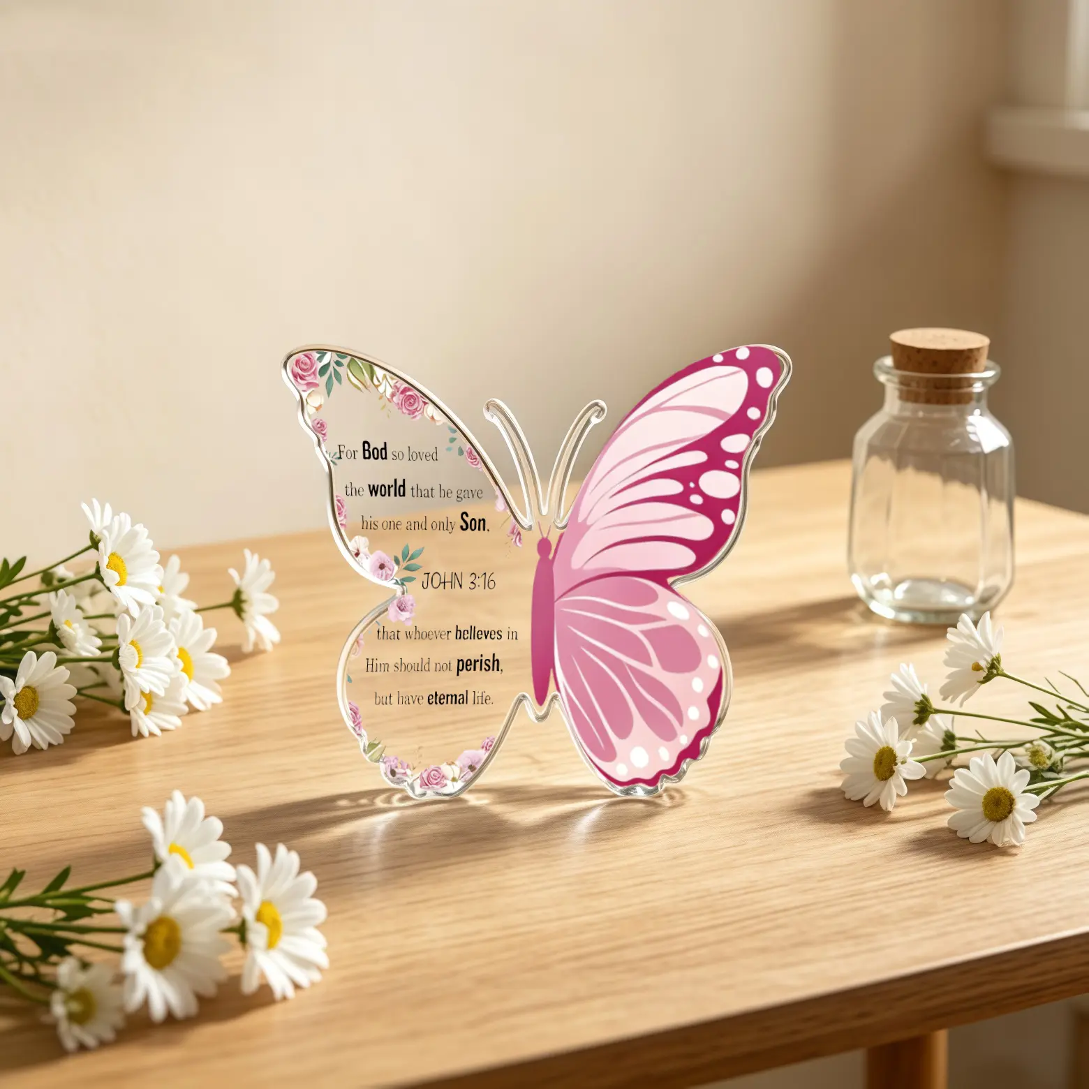 Butterfly Shaped Acrylic Plaque, Pink Floral John 3:16 Bible Verse Christian Ornament, Religious Faith Gift for Women for Christmas Thanksgiving Easter Birthday