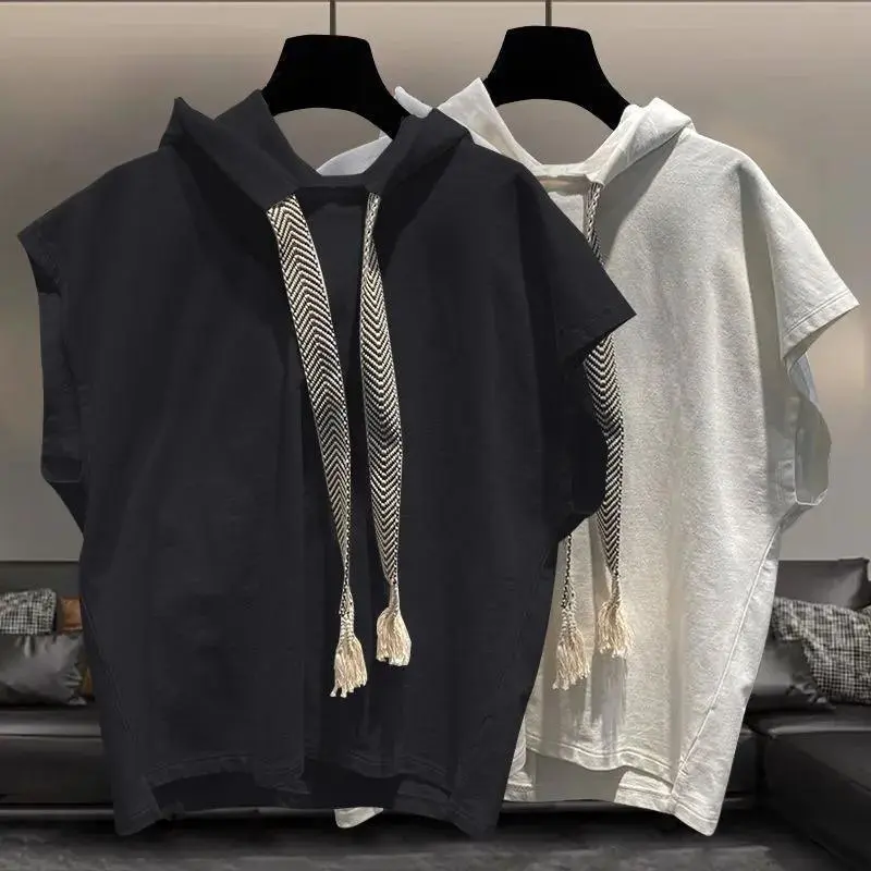 Men's solid color sleeveless T-shirt, hooded loose casual vest top, summer hip-hop and everyday casual T-shirt