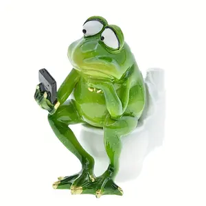 5.7" Funny Frog Toilet Resin Figurine - Whimsical Bathroom Decor with Smartphone Design, Indoor/Outdoor Home & Garden Decoration for Living Room, Office, or Study
