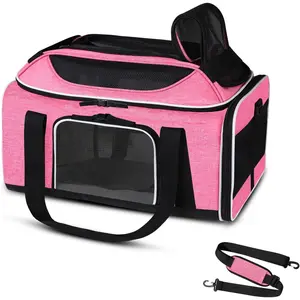 Expandable Pet Carrier 17x 12x8.5inch JetBlue and Allegiant Air Approved, Suitable for Small Cats and Dogs, Soft Carrier with Lockable Safety Zipper and Scratch-Resistant Mesh Fabric (Pink)