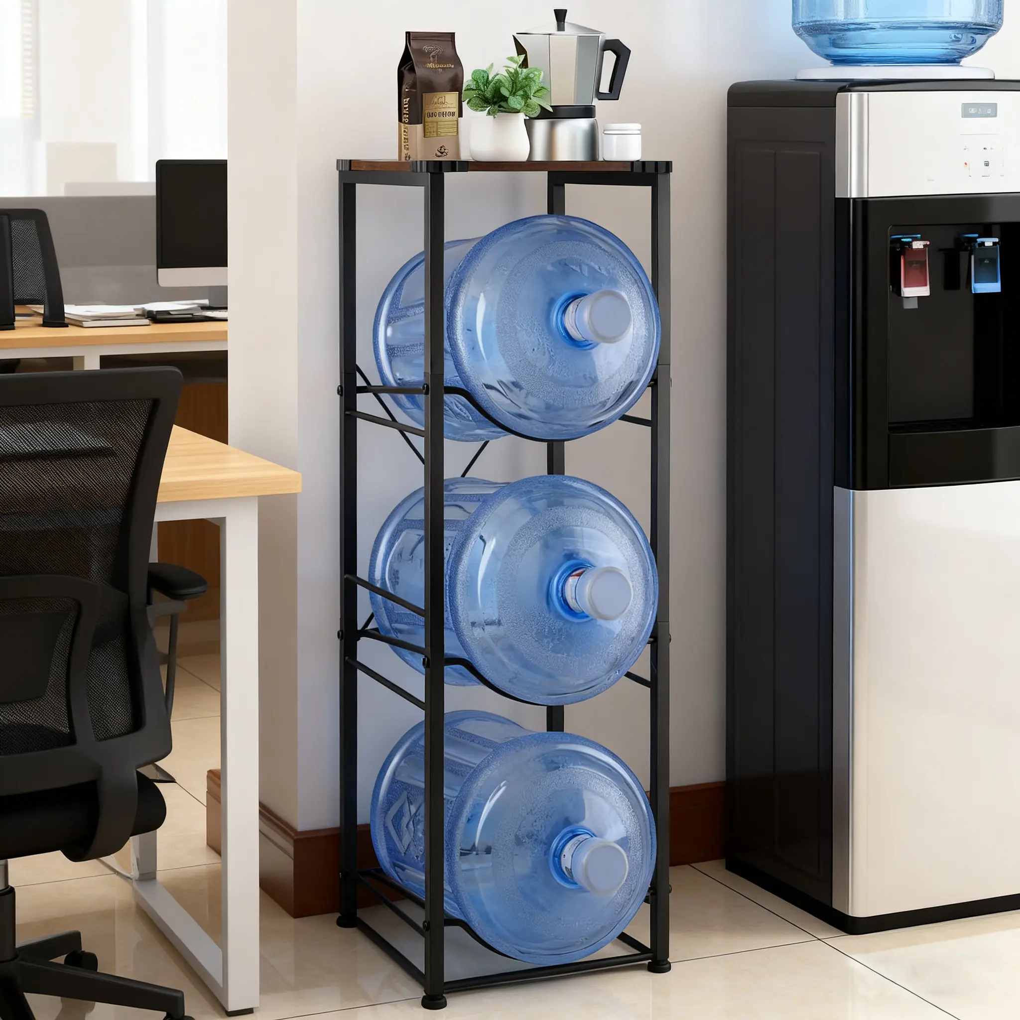 3-Tier Wooden Top Metal Frame Water Jug Dispenser Holder - 5 Gal Multi-Compartment Storage Rack for Home Users, Black, Home & Office Organizer, Holder Racks & Displays, Gallon, Bottle Container Kitchen
