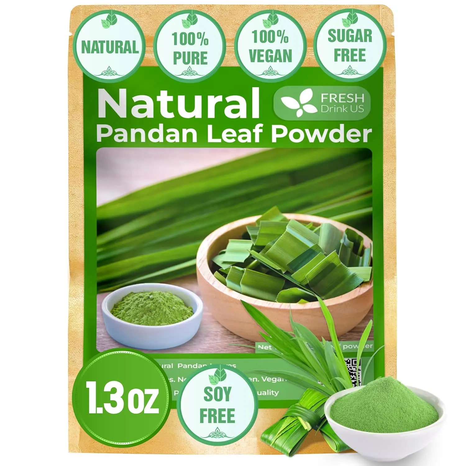 【FreshDrinkUS】 1.3oz Pandan Leaf Powder, 100% Natural and Pure from Pandan Dried Leaves, Emerald Pandan Leaf Powder, Green Food Coloring Powder, No Additives, No Gluten, Vegan.  Beverage