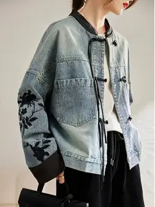 Women's Bohemian White Denim Winter Coat - Thick Jacket with Collar, Large Patchwork Pockets & Button- Front, Single-Breasted Button Closure, Machine Washable (Floral Embellishment) for Fall/Winter Outerwear