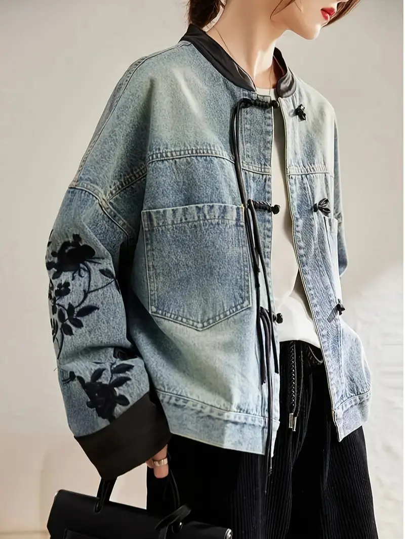 Women's Bohemian White Denim Winter Coat - Thick Jacket with Collar, Large Patchwork Pockets & Button- Front, Single-Breasted Button Closure, Machine Washable (Floral Embellishment) for Fall/Winter Outerwear