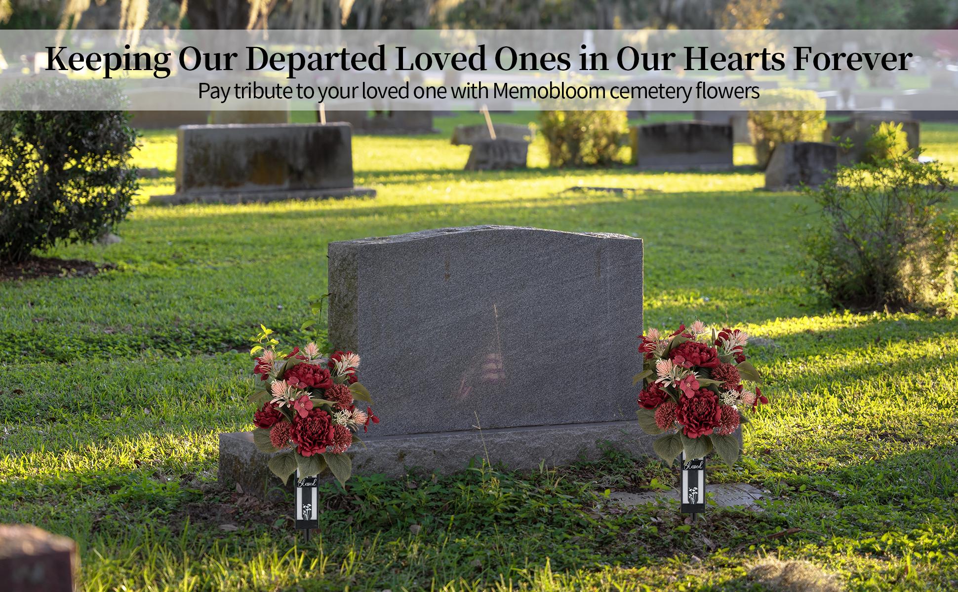 Mother's Day & Memorial Day Cemetery Flowers for Grave - Peony Grave Decorations with Vase, Lifelike Outdoor Artificial Flowers, UV Resistant & Maintenance-Free