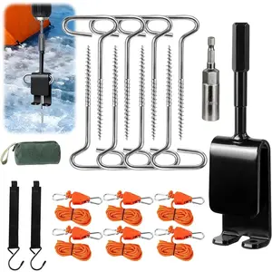 Heavy Duty Ice Anchor Drill Adapter Tool Kit, 19Pcs Stainless Steel Tent Stakes Set with 13FT Ratchet Ropes, Tent Hooks, Canvas Bag for Ice Fishing Shelter