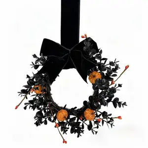 Halloween Pumpkin Bow Wreath, Fall Berry Fruit Festival Decoration, Halloween Decorative Wreath, Autumn Holiday Ornament