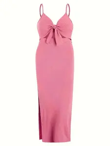 【Plus Size】 Solid Color Ribbed Tie Shoulder Bodycon Dress, Plus Elegant Fashion Casual Maxi Dress for Daily Outdoor Wear, Women Plus Clothing for All Seasons