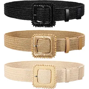 3 Pack Straw Woven Stretch Belt for Women,Raffia Elastic Belt for Dress Wide Boho  Belt with Square Buckle