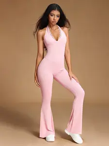 Women's Halter Neck Yoga Jumpsuit Lace Patchwork V Neck Removable Pads Hollow Out Backless, Sleeveless Tummy Control Casual Solid Color High Stretch Workout Utitard One Piece Jumpsuit For Y2K Yoga Gym Sports Dailywear, Ladies Sportswear All Seasons