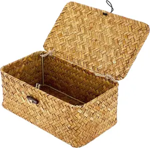 Wicker Shelf Baskets Bin with Lid, Handwoven Seagrass Basket Storage Bins Rectangular Household Basket Boxes for Shelf Wardrobe Home Organizer, Caramel X-Small
