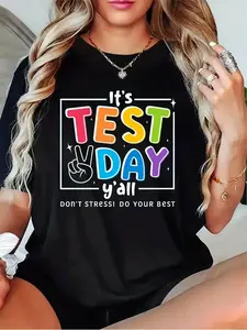Women'S Motivational Test Day T-Shirt - "It'S Test Day Y'all Don't Stress Do Your Best" Short Sleeve Round Neck Casual Top with Colorful Text & Peace Sign Graphic - Exam Preparation Apparel in Black, Grey, White, Dark Red - All-Season Fit