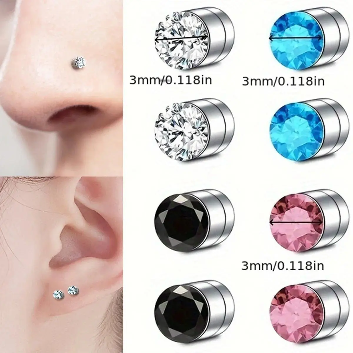 100% New Handmade Unisex Casual Wear Nose Stud Earrings - 2-12Pcs 3mm Stainless Steel Non-Pierced Magnetic Metallic Plain Fake Body Jewelry, Fashion Simple Accessory for Women