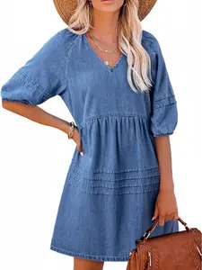 Midiross Women Casual V Neck Puff Short Sleeve Denim Dress