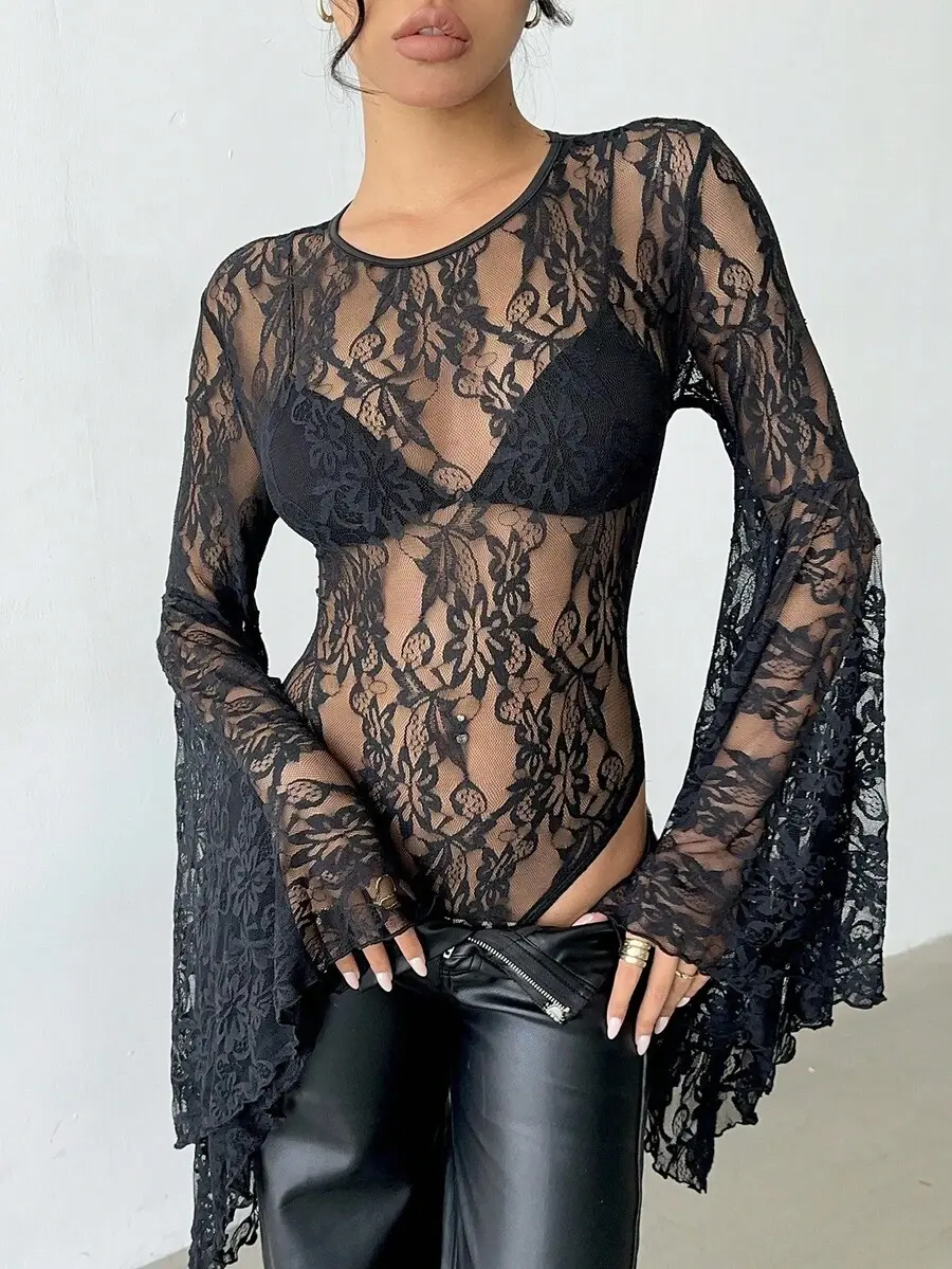 Velia x [FS] Women's Elegant Sexy Black Floral Lace Bodysuit, Batwing Sleeve Night Out Club, Spring/ Auturm
