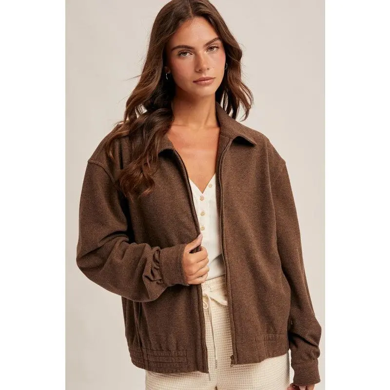 Heavy Weight Brushed Jersey Zip Jacket Brown Womenswear Soft Elastic Fit Casual Coats Outfit Pockets
