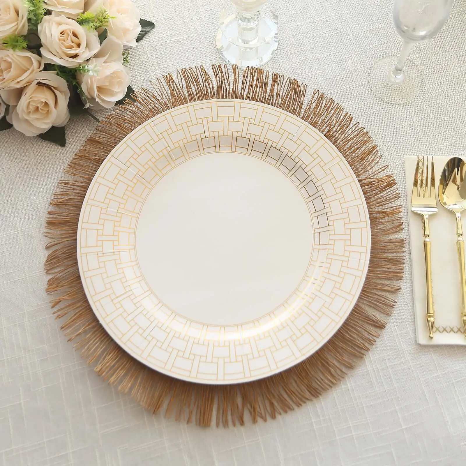 10-Pack White Contemporary Cardstock Paper Charger Plates - 650GSM, Gold Basketweave Pattern Rim Tableware for Weddings, Home Dinners, BBQs (13")