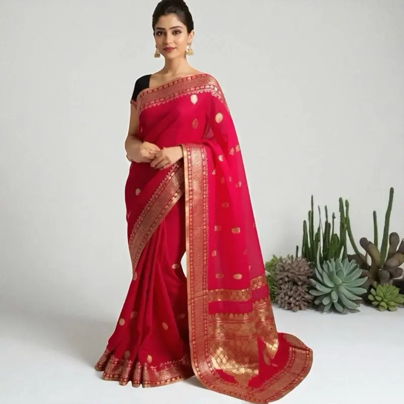 Elegan Linen Traditional Saree Blouse in Chilli red Partywear  Womenswear