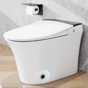 27*15.55*18.74 Inch White Gray One‑Piece Tankless Smart Toilet, Ceramic Heated Seat Toilet with Foot Sensor Flush, Blue Night Light, Knob Control, Power Outage Flush & Soft Close Cover for Bathroom