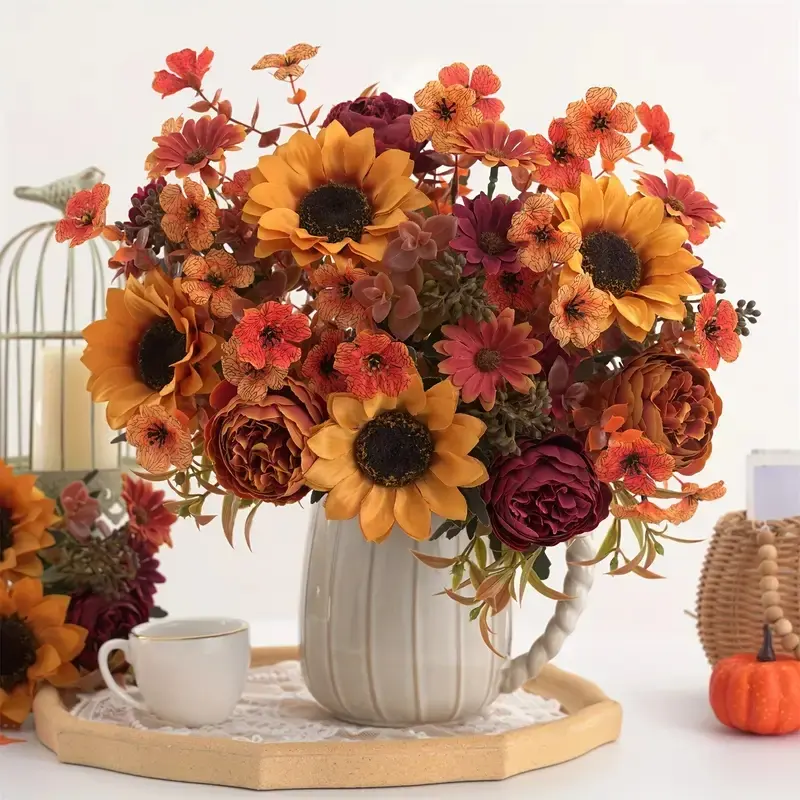6 Piece Fall Artificial Flower Arrangement, Sunflower Peony Daisy Vintage Vase Style, Home Decor Wedding Thanksgiving Halloween Centerpiece