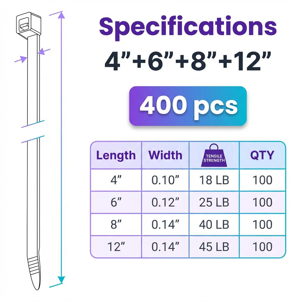 400 Pack Zip Ties Assorted Sizes (4”+6”+8”+12”), Black UV Resistant Cable Ties