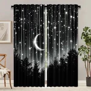 2D Flat Print Window Curtain Set (rod Not Included), Home Decoration Curtain, 2-Piece Starry Forest & Moon Curtains, Semi-Transparent with Moon Print, Polyester Fabric