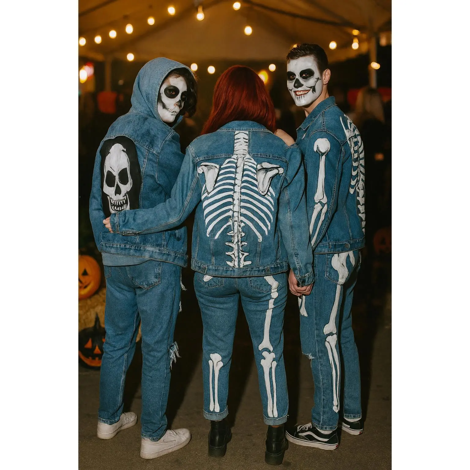 Halloween Gift – Skeleton Hand-Painted Denim Jacket | Oversized Spooky Outfit, Unique Gothic Streetwear Costume
