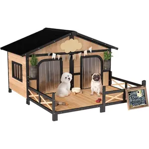 Dog House Outdoor, Wooden Dog Kennel Weatherproof with Porch, Openable Roof, Removable Bottom, Elevated Floor, Double Room for 2 Small to Medium Breeds, Natural